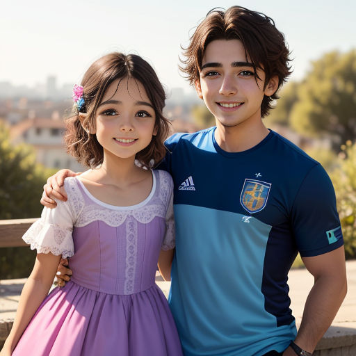 a young man and a young girl posing for a picture together in front of a cityscape background