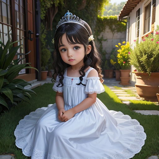 a little girl in a white dress sitting on the grass wearing a tiara and a flower in her hair