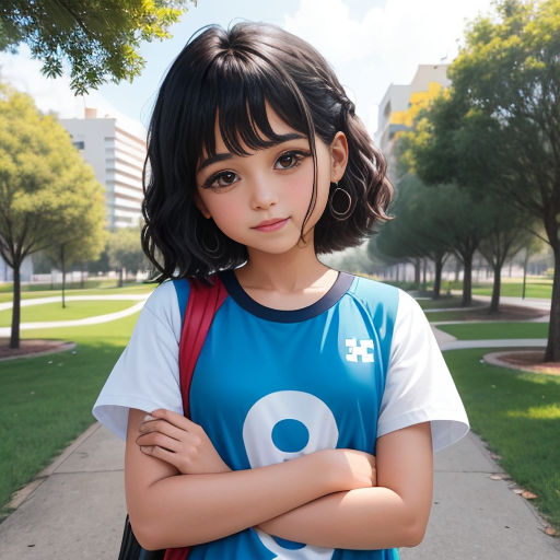 a young girl with a backpack standing on a sidewalk in a park with her arms crossed and looking at the camera