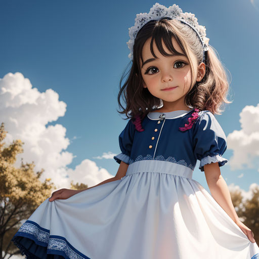 a little girl in a dress and a tiara standing in a field with trees and clouds in the background