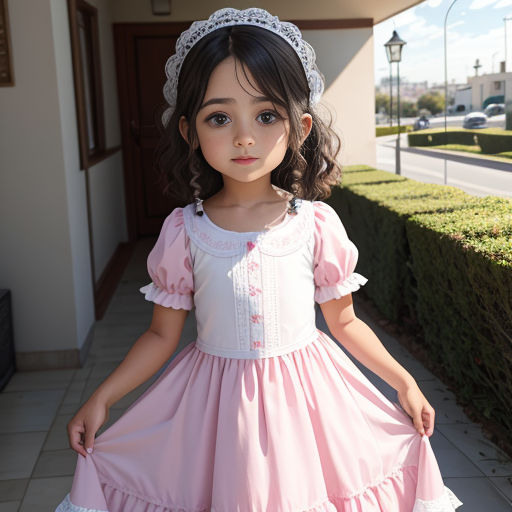 a little girl in a pink dress standing on a sidewalk in front of a house with a car parked in the driveway