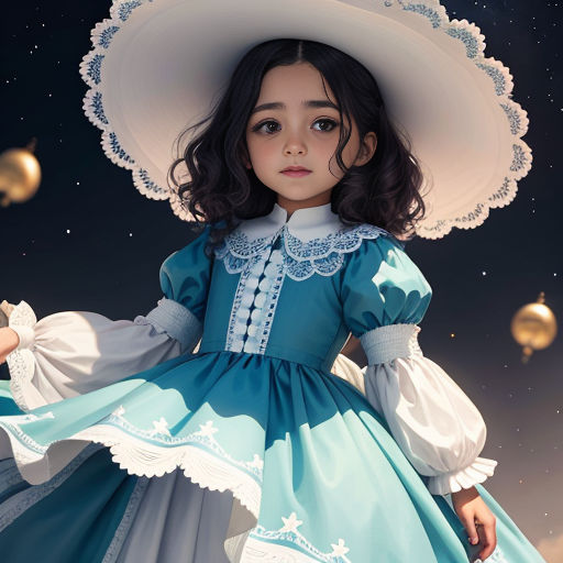 a little girl dressed in a blue dress and a big hat with a white lace on it's neck