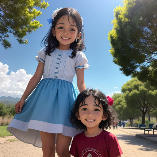 two children standing next to each other on a dirt road in a park with trees and a blue sky