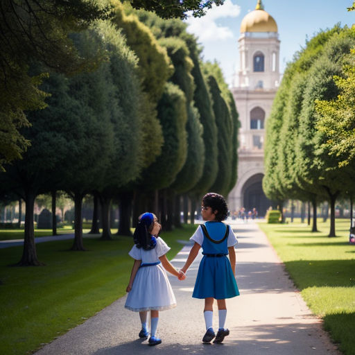 two little girls holding hands walking down a path in a park with trees and a building in the background