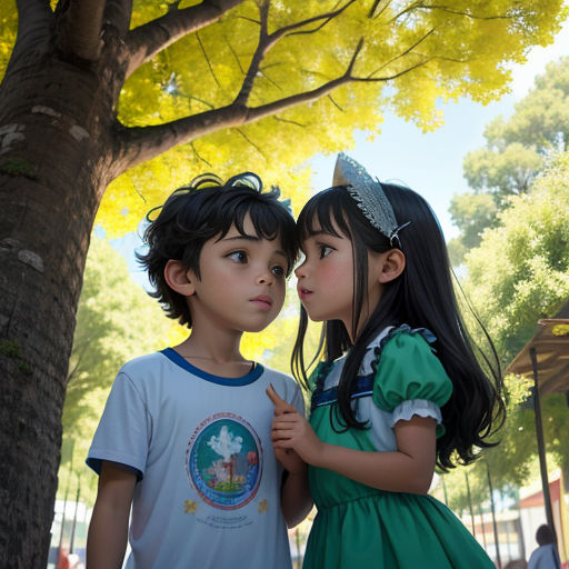 two children standing next to each other under a tree in a park with a gazebo in the background