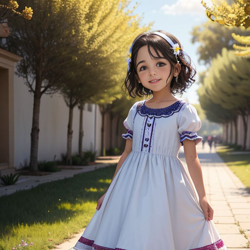 a little girl in a white dress standing on a sidewalk in front of a house with trees and grass