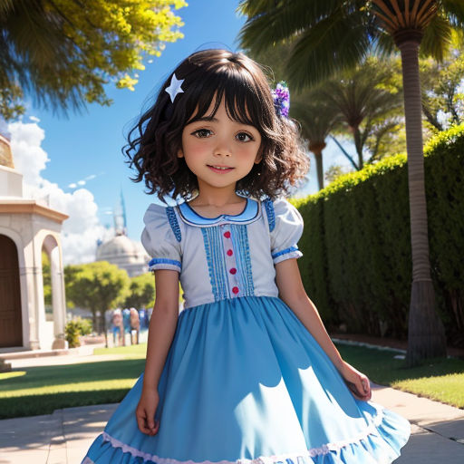 a little girl in a blue dress standing on a sidewalk with a star on her head and a pink flower in her hair