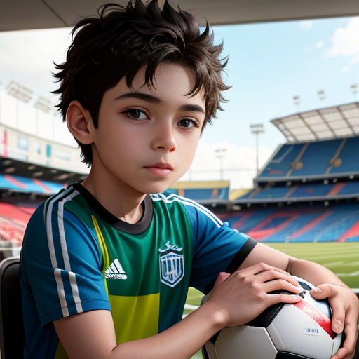 a young boy holding a soccer ball in a stadium with a sky background and a stadium stands behind him