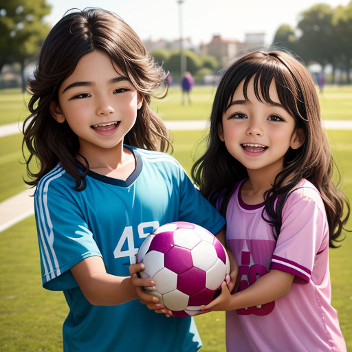 two young girls holding a soccer ball on a field of grass with a soccer field in the background and a building in the background