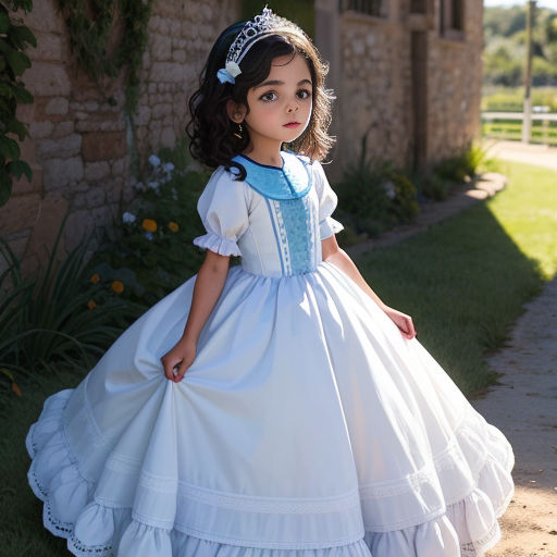 a little girl dressed in a white dress and a tiara standing in front of a brick building with a flowered fence