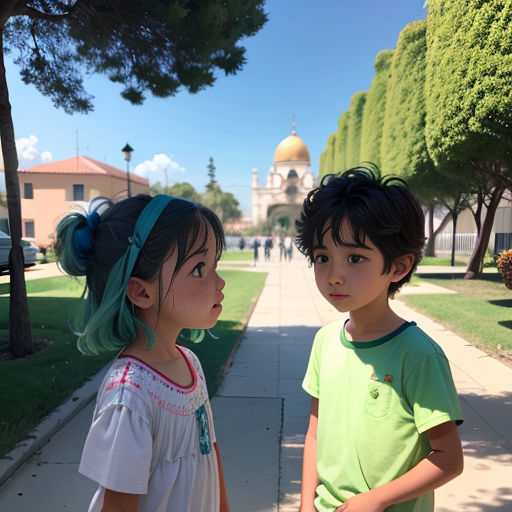 two young children standing on a sidewalk near a tree and a building with a dome in the background and a sidewalk with a sidewalk lined with trees and grass