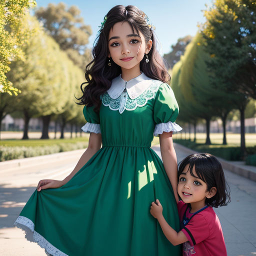 a young girl standing next to a young girl in a green dress and white collared shirt and skirt