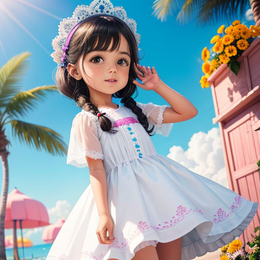 a little girl in a white dress and tiara standing on a beach with a pink umbrella and a pink building