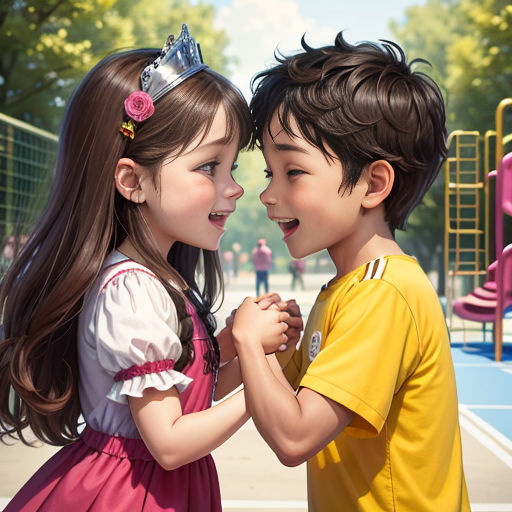 a painting of two children standing next to each other on a playground area with a playground in the background