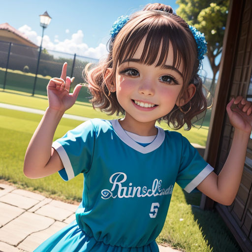 a little girl standing next to a building with a peace sign in her hand and a blue dress on