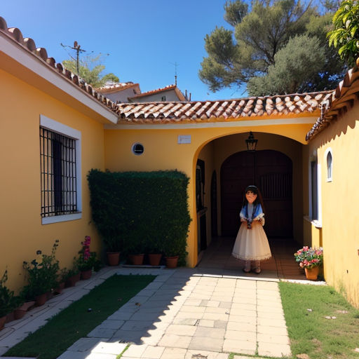 a woman in a dress standing in a doorway of a house with a tiled walkway and a green lawn