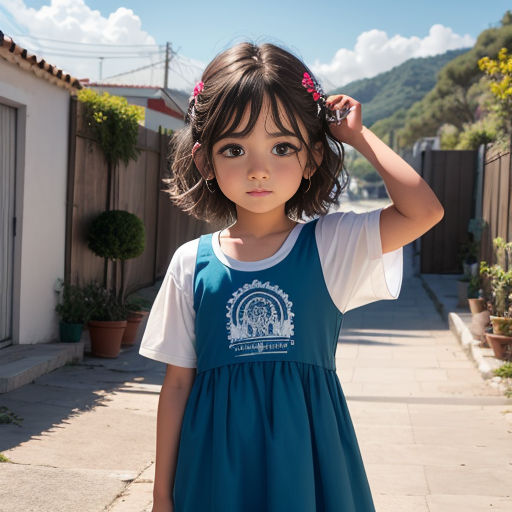 a little girl standing on a sidewalk with her hair in a bunt and a blue dress with a white t - shirt
