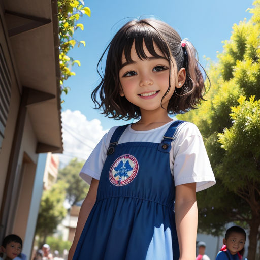 a little girl in a blue dress standing in front of a building with a group of children in the background