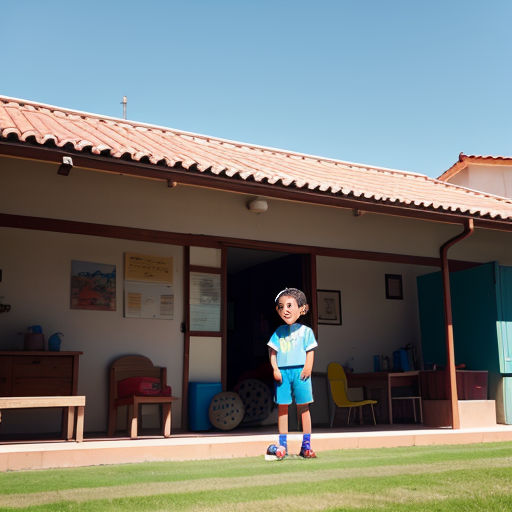 a young boy standing in front of a building with a red roof and a blue shirt on and a green lawn