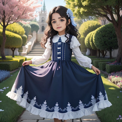 a little girl in a dress standing on a sidewalk in front of a castle and trees with flowers in the foreground