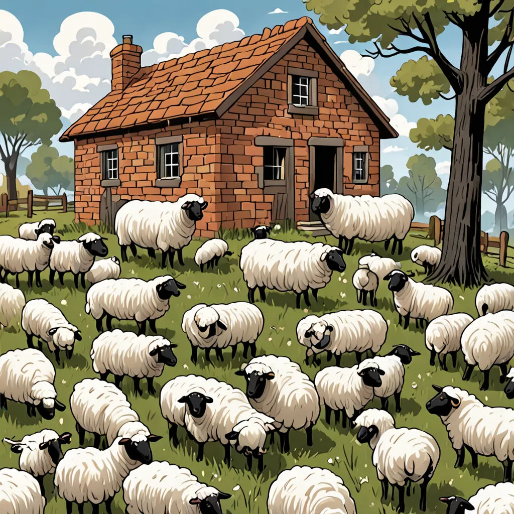 a herd of sheep standing in front of a house with a red roof and a red brick building on the other side of the field, institutional critique, a storybook illustration, Colin Middleton, furaffinity