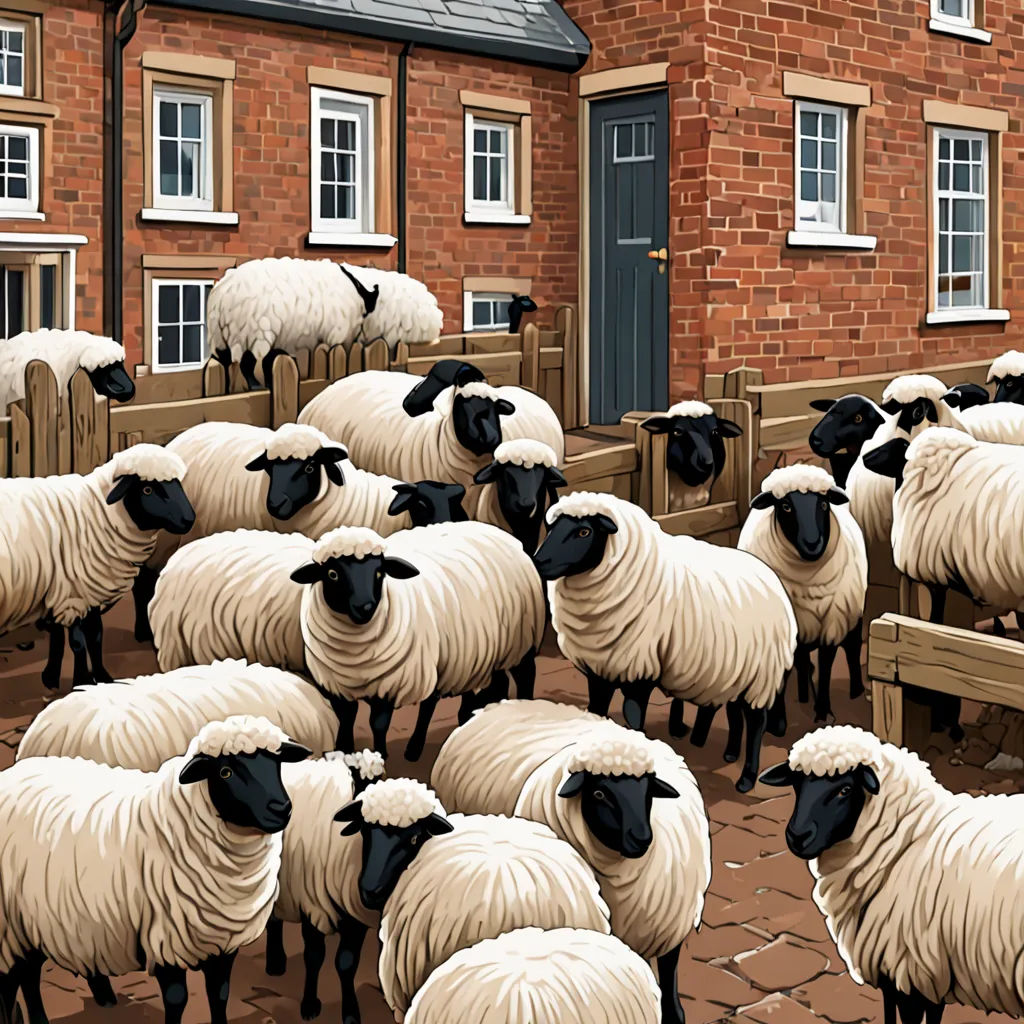 a herd of sheep standing next to a wooden fence on a street next to a brick building and a red brick building, stuckism, a storybook illustration, Colin Middleton, detailed illustration