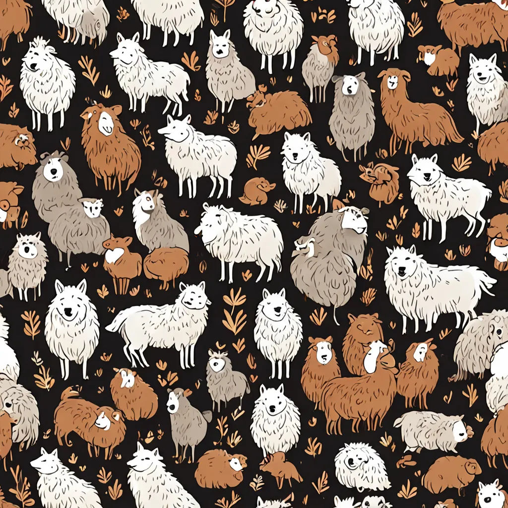 a pattern of different colored animals on a black background with leaves and flowers in the background, with a white dog in the middle, furry art, a storybook illustration, Claire Hummel, leesha hannigan