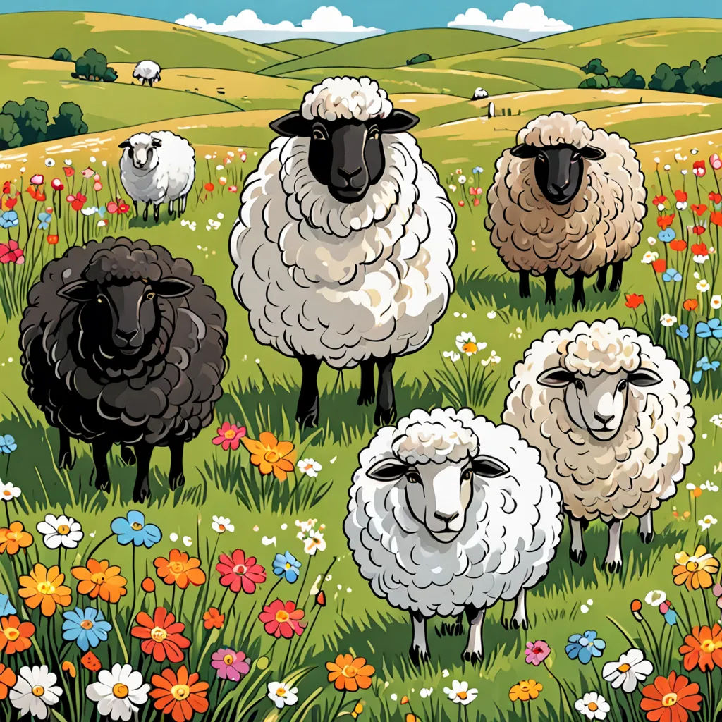 a herd of sheep standing on top of a lush green field of flowers and grass next to a field of flowers, color field, a storybook illustration, Colin Middleton, promotional image