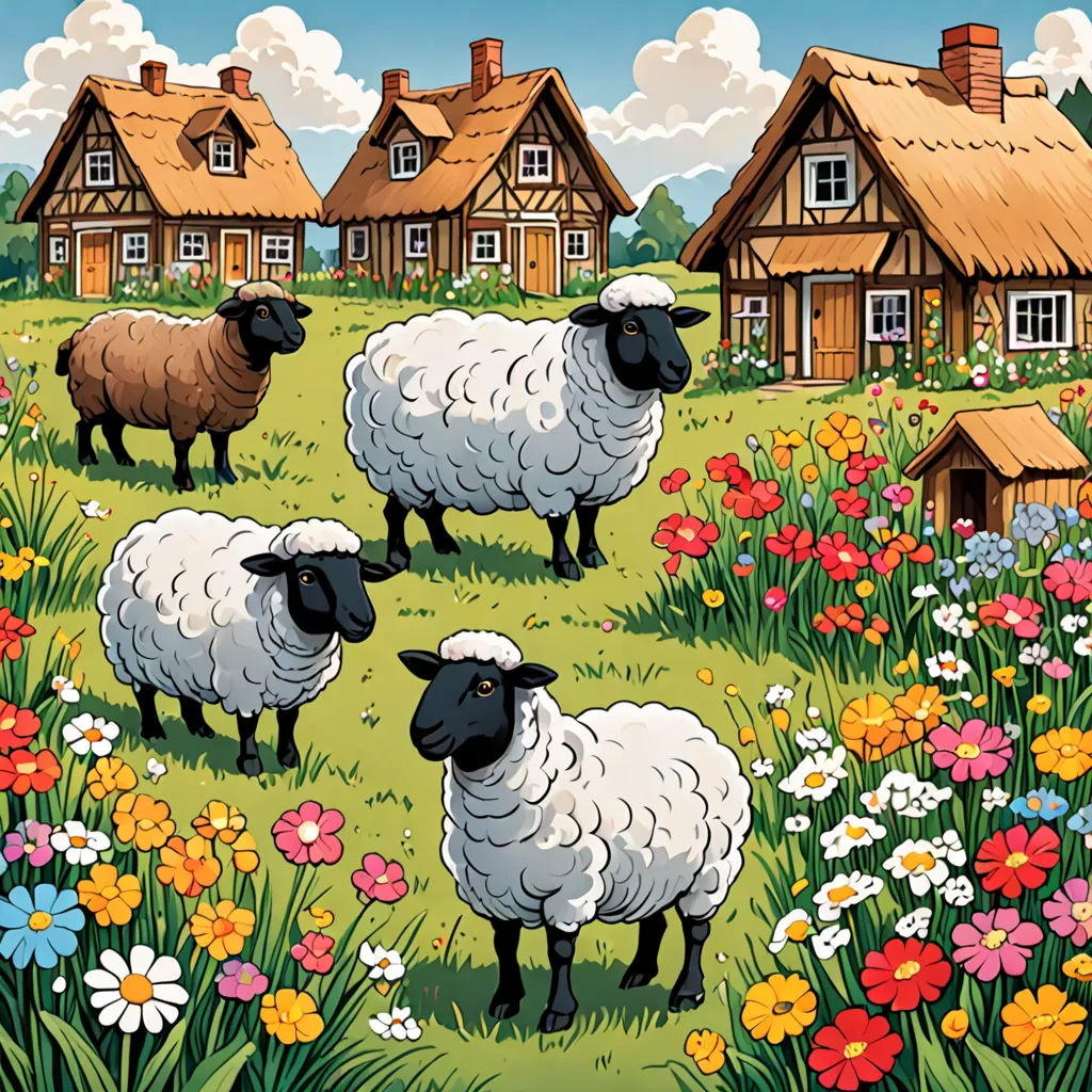 a group of sheep standing in a field of flowers and grass near a house with a thatched roof, naive art, a storybook illustration, Colin Middleton, storybook illustration