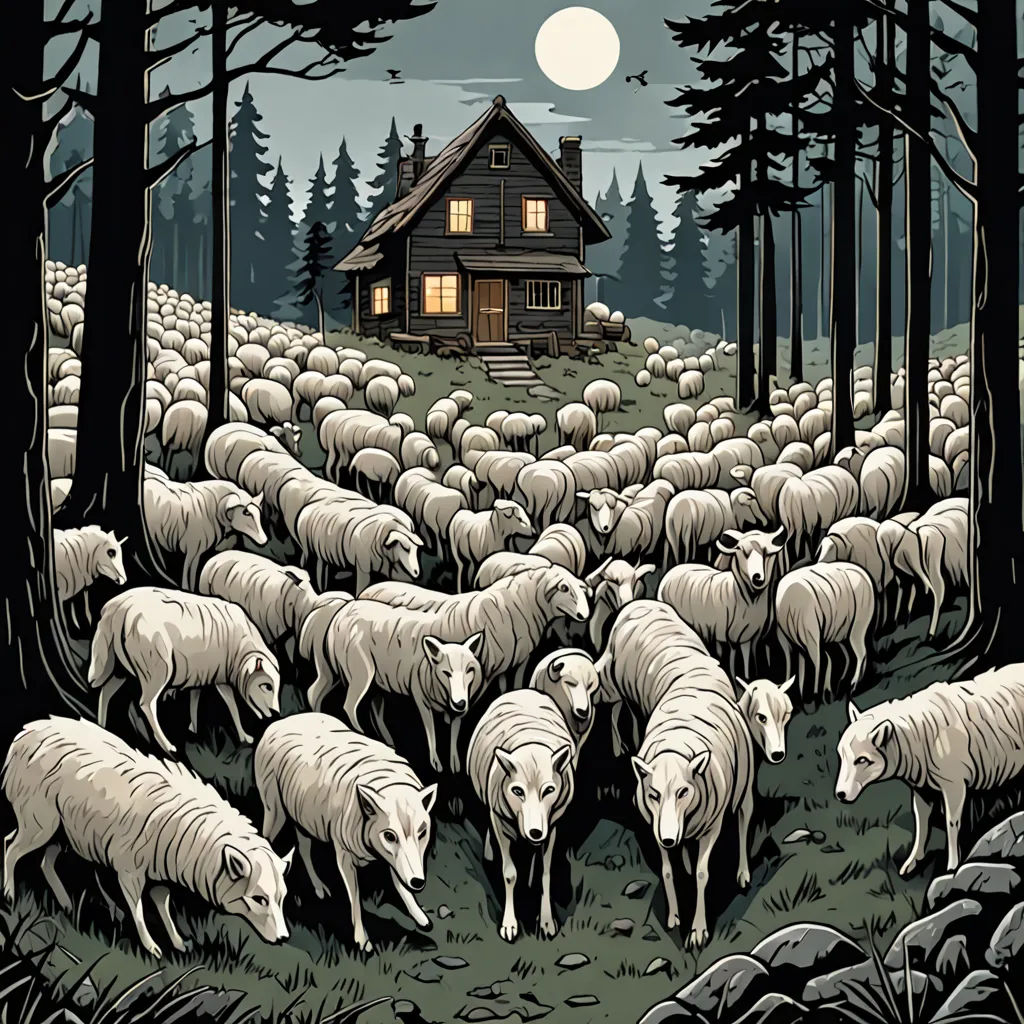 a herd of sheep grazing in front of a cabin in the woods at night with a full moon in the sky, institutional critique, poster art, Art Spiegelman, poster