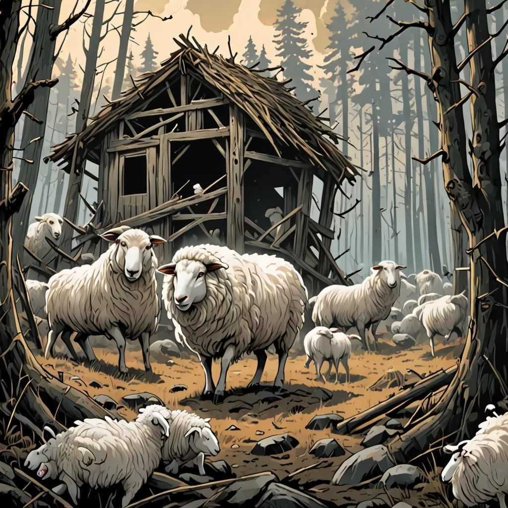 a painting of sheep in a forest with a hut in the background and a full moon in the sky, neo-primitivism, a storybook illustration, Dan Mumford, josan gonzales and dan mumford