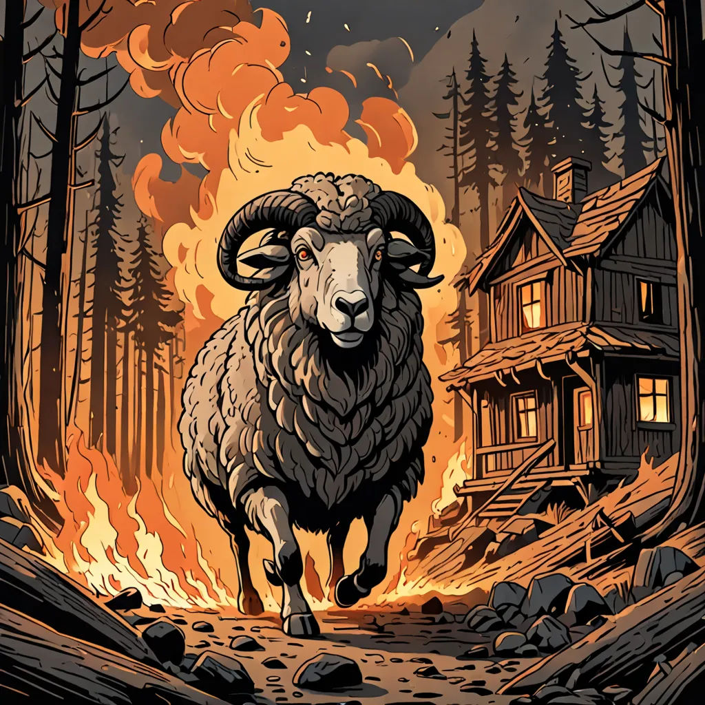 a ram is running through a forest with a house on fire in the background and a fire coming out of the house, altermodern, poster art, Dan Mumford, josan gonzales and dan mumford