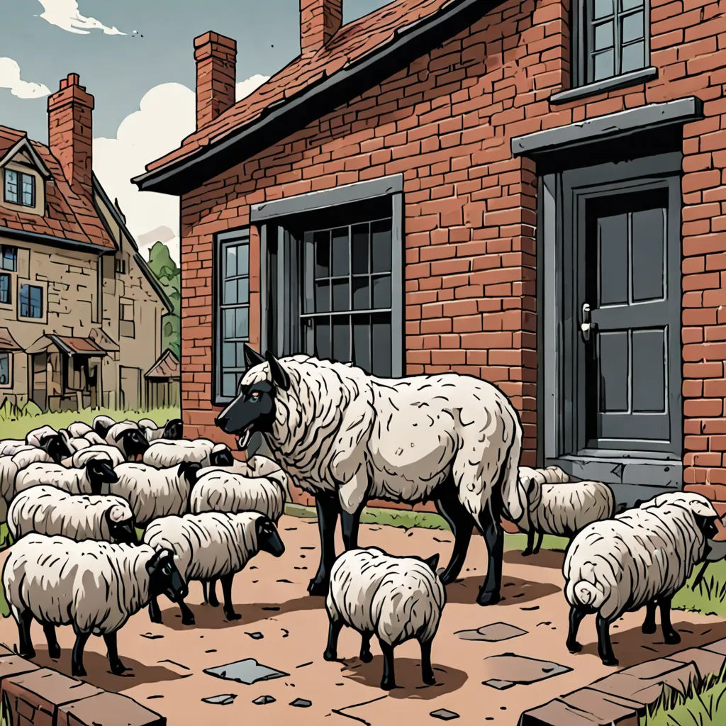 a herd of sheep standing in front of a brick building with a door and windows on the side of it, institutional critique, a storybook illustration, Chris Ware, promotional image
