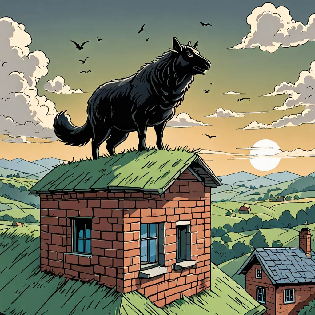 a black dog standing on top of a roof of a building with a green roof and a red brick building, furry art, a storybook illustration, Asaf Hanuka, comic cover art