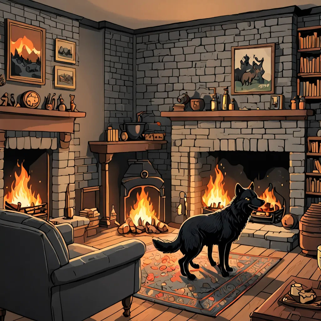 a dog standing in a living room next to a fire place and a couch with a rug on it, fantasy art, a storybook illustration, Colin Middleton, storybook illustration