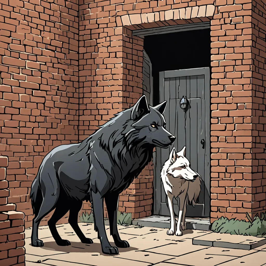 a couple of animals standing in front of a brick building with a door and a door way leading to another building, private press, a comic book panel, Asaf Hanuka, comic cover art