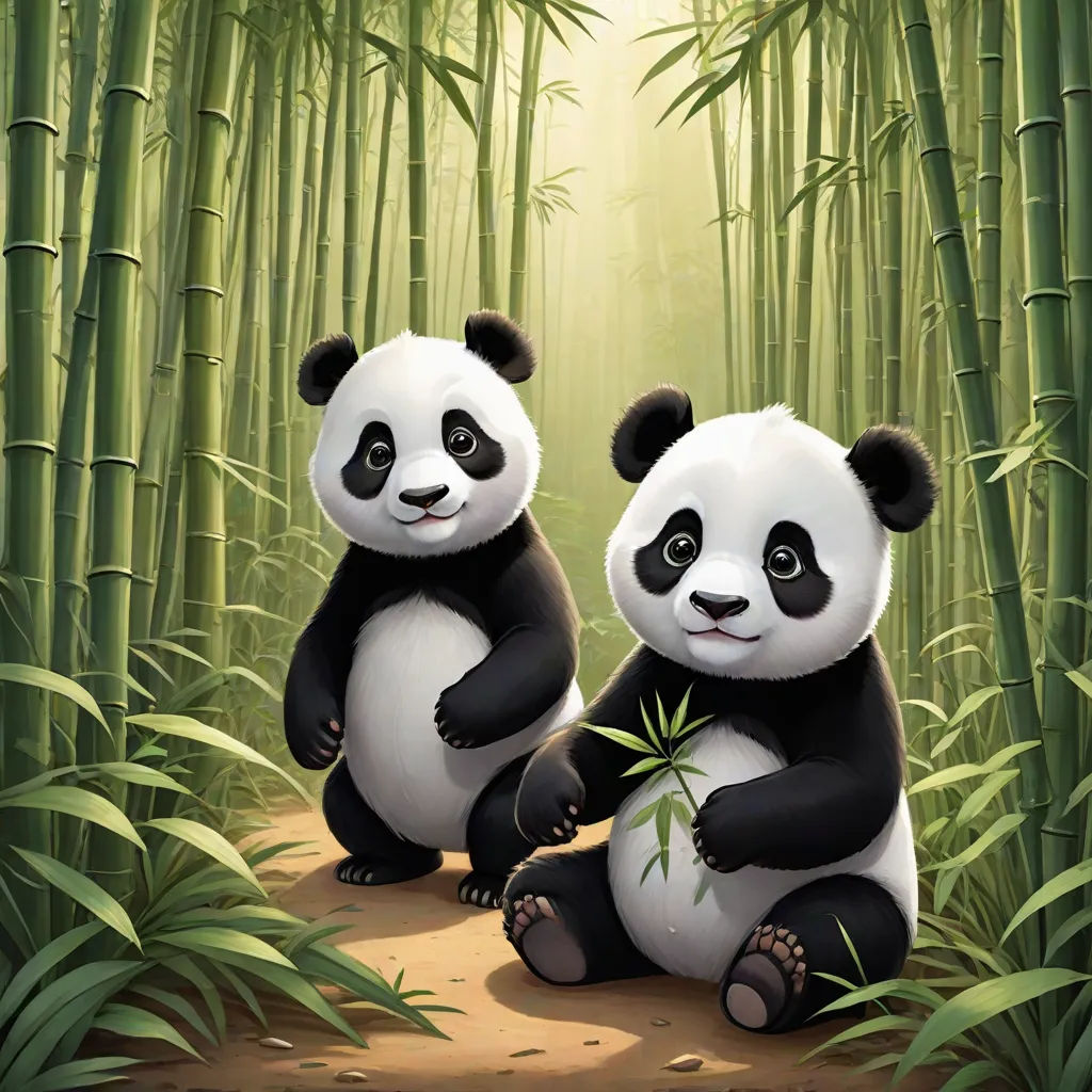 two panda bears sitting on a dirt path in a bamboo forest eating bamboo leaves and looking at the camera, a digital painting, Ding Guanpeng, fantasy art, 2 d game art