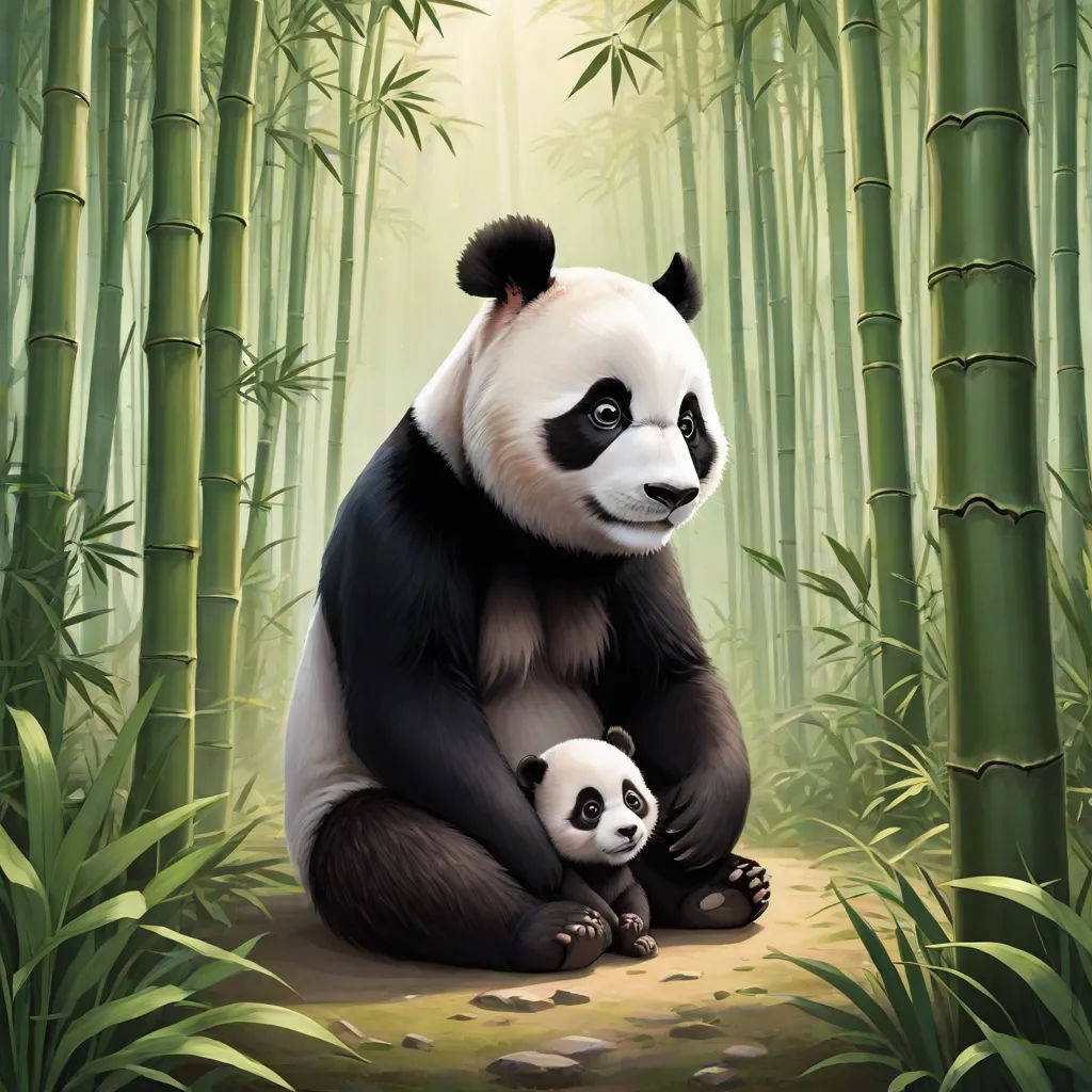 a panda bear and her cub are sitting in a bamboo forest with bamboo trees and rocks on the ground, a digital painting, Art of Brom, fantasy art, official art