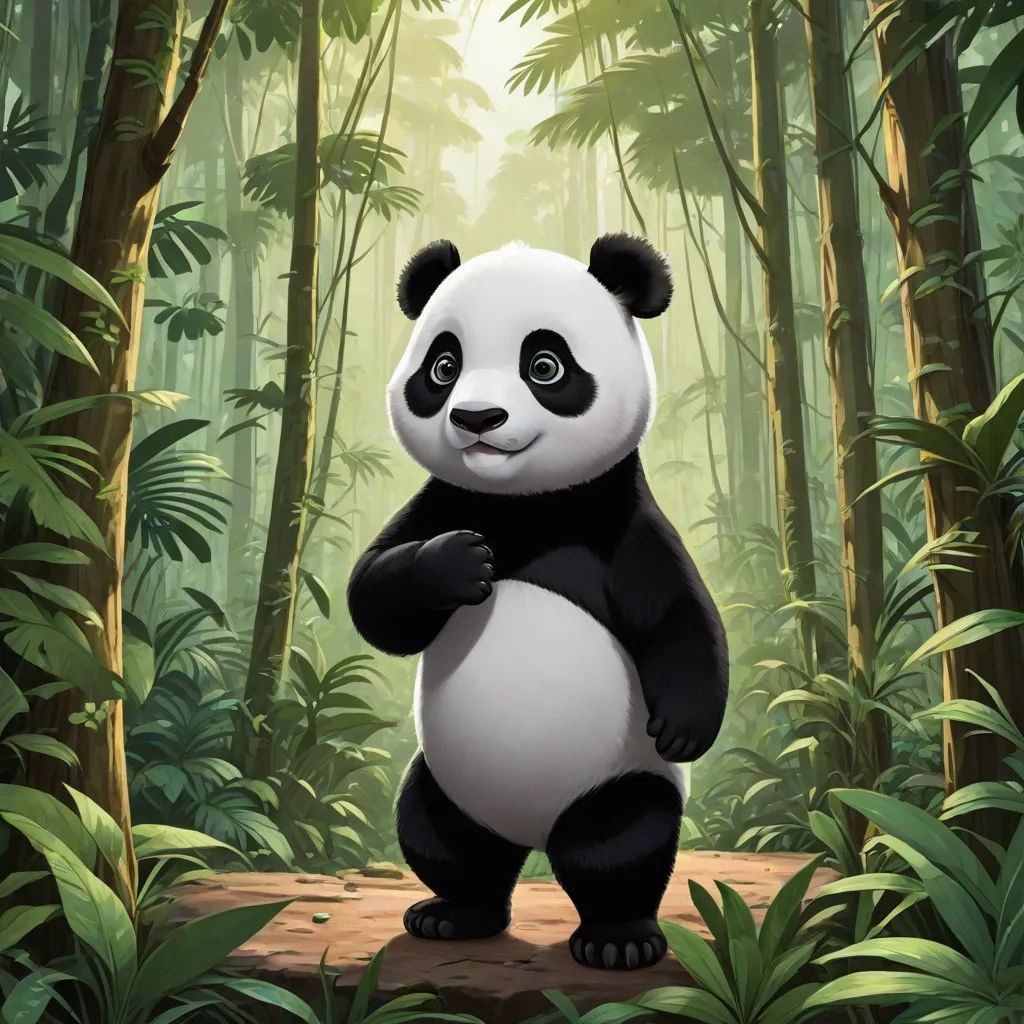 a panda bear standing in the middle of a forest with trees and plants around it, with a bright light coming from behind it, a digital painting, Adrian Zingg, serial art, official art