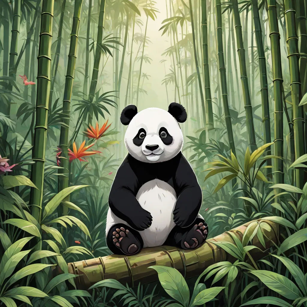a panda bear sitting on a log in a bamboo forest with bamboo trees and flowers around it, with a sunbeam in the background, a storybook illustration, Adrian Zingg, ecological art, official art