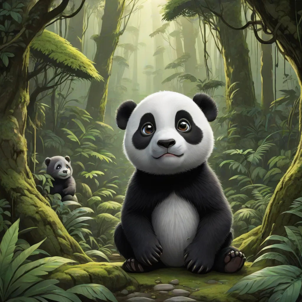 a panda bear sitting in the middle of a forest with another panda in the background and a baby panda in the foreground, a digital painting, Adrian Zingg, fantasy art, 2 d game art