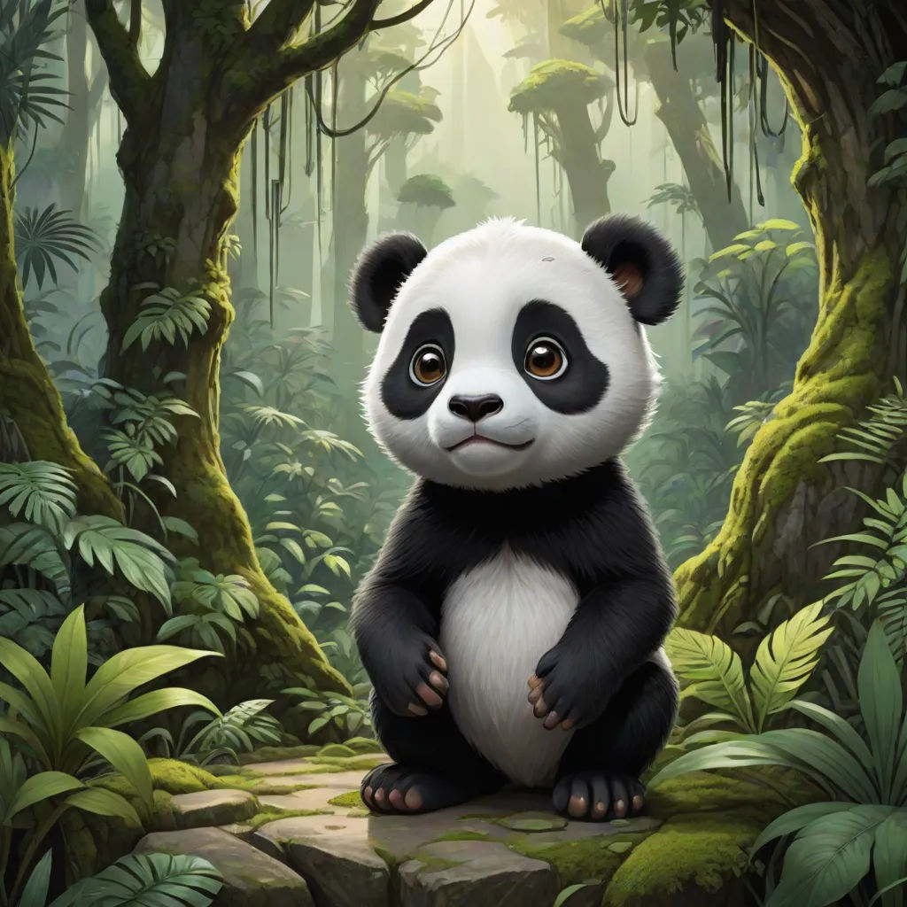 a panda bear sitting on a rock in a forest with trees and plants around it, with a light shining on the ground, a digital painting, Chris LaBrooy, fantasy art, magic the gathering artwork