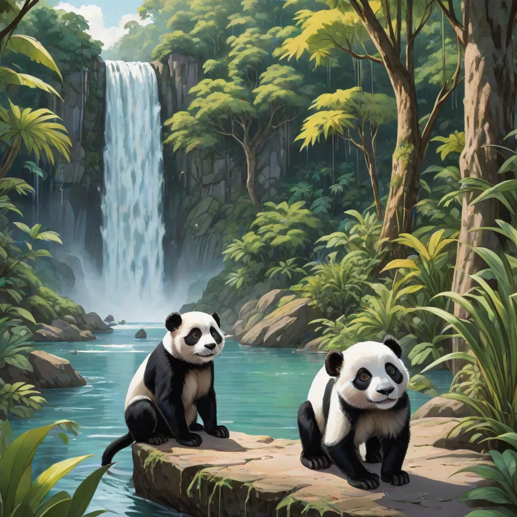 two pandas sitting on a rock near a waterfall and a waterfall in the background with a waterfall in the foreground, an oil painting, Brothers Hildebrandt, fantasy art, magic the gathering artwork