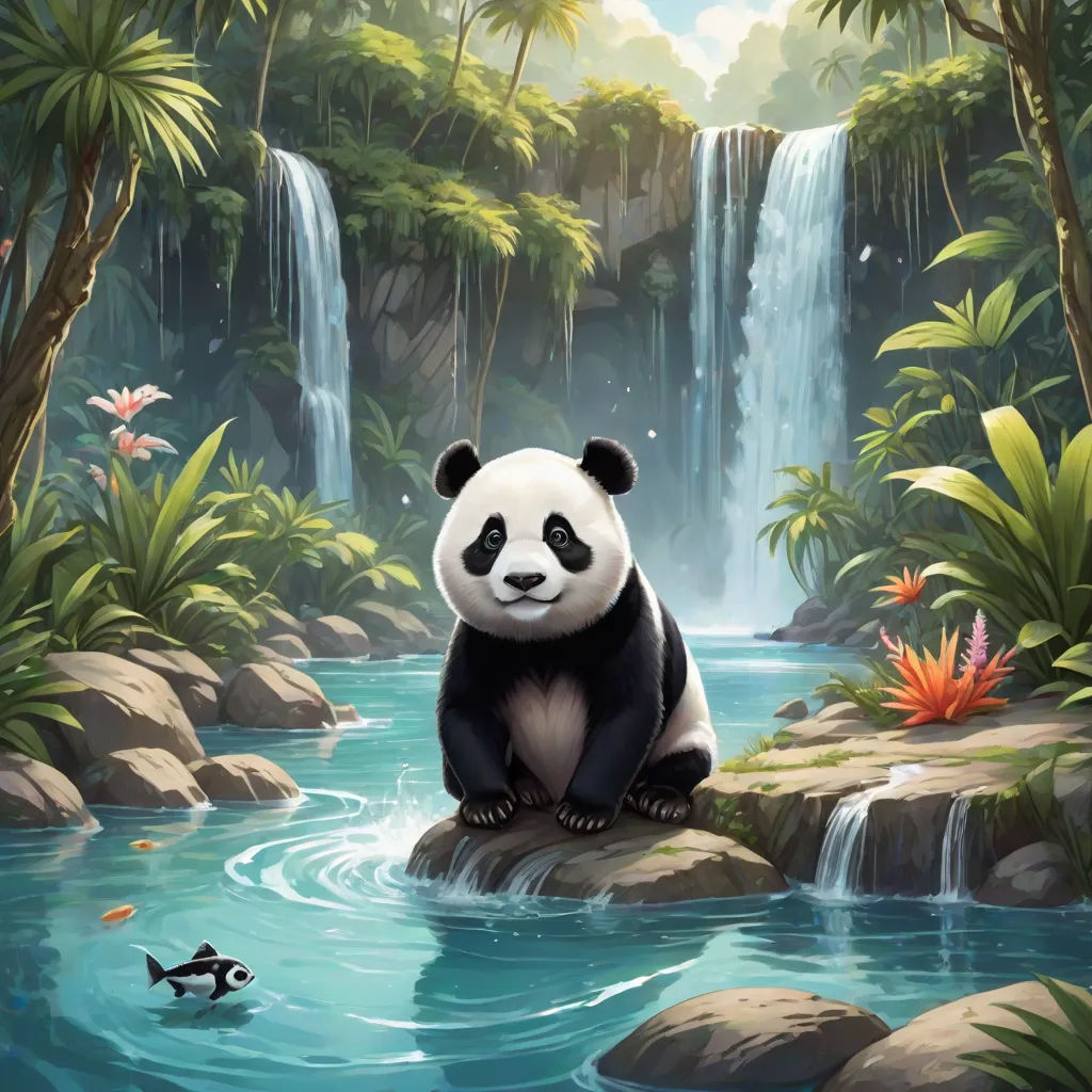 a panda bear sitting on a rock in a river with a waterfall in the background and fish swimming in the water, a painting, Chris LaBrooy, fantasy art, league of legends splash art