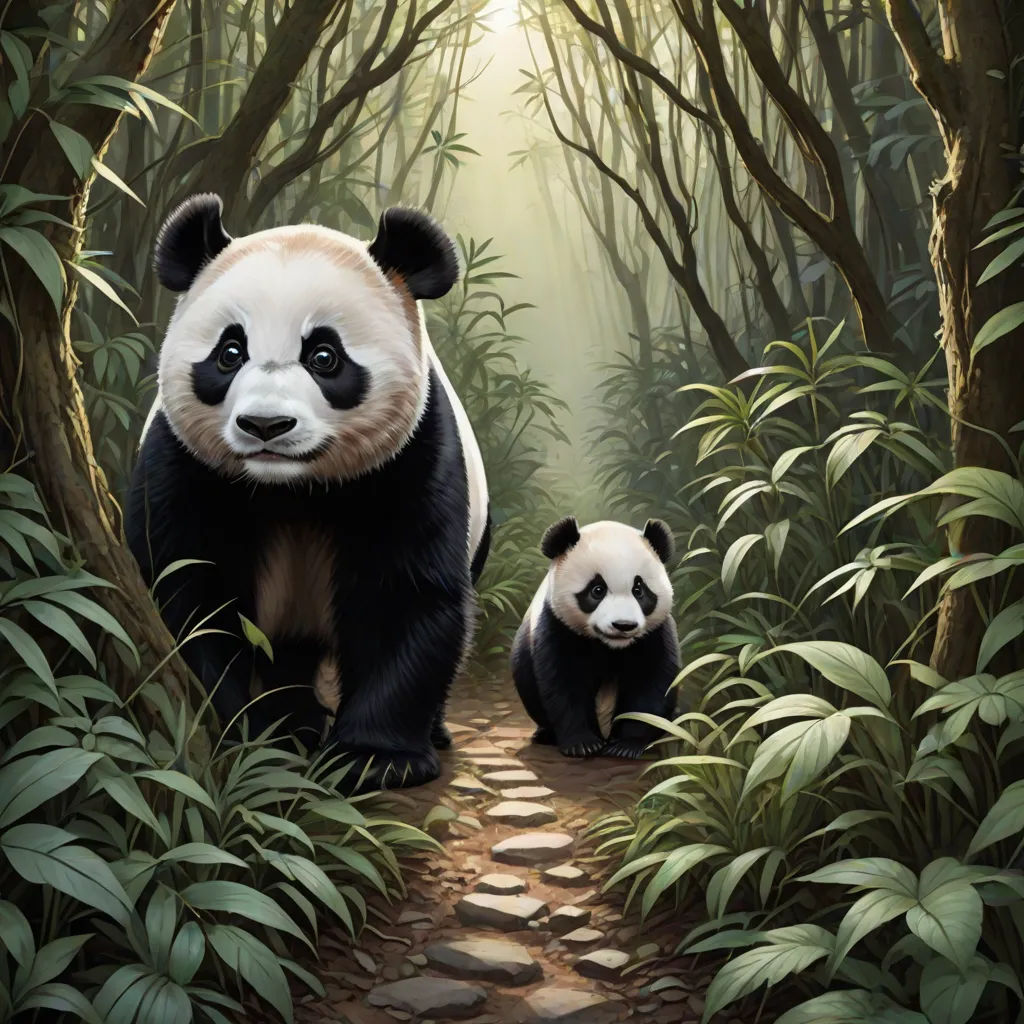 a panda bear and her cub walk through a forest of bamboo trees and ferns on a path between rocks, a digital painting, Chris LaBrooy, fantasy art, highly detailed digital painting