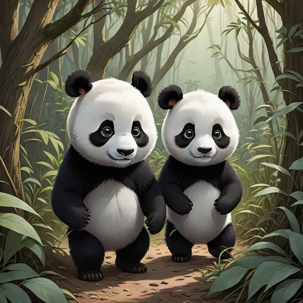 two panda bears standing on a path in a forest with trees and plants behind them, with sunlight streaming through the trees, a painting, Ding Guanpeng, altermodern, magic the gathering artwork