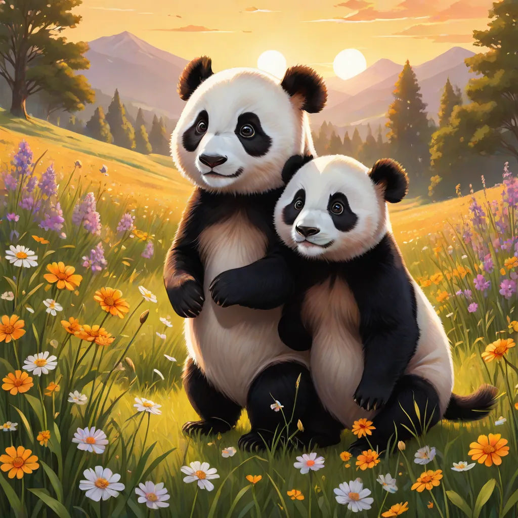 two panda bears sitting on their backs in a field of flowers and daisies with the sun setting behind them, a painting, Brothers Hildebrandt, altermodern, magic the gathering artwork