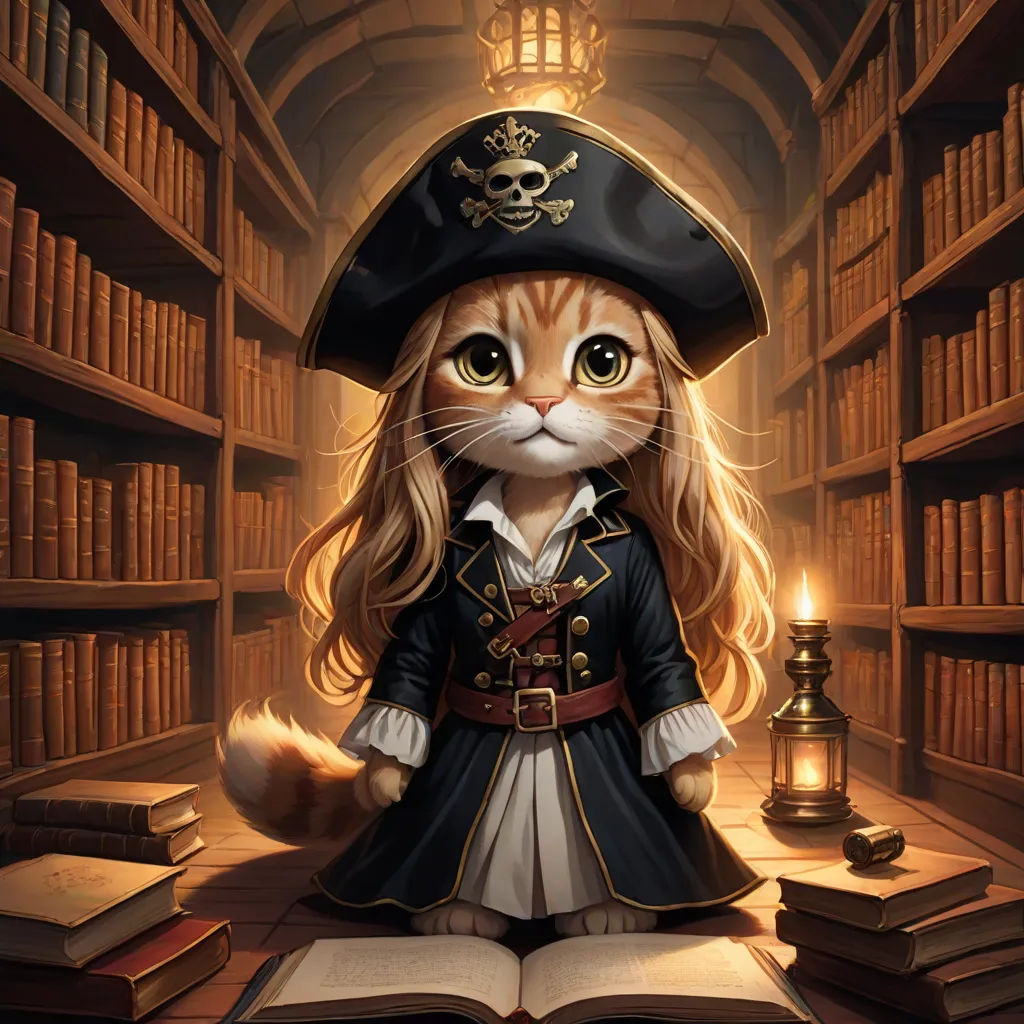 a cat dressed as a pirate in a library with books and a candle in its paws, sitting on a book, a character portrait, Anne Stokes, fantasy art, magic the gathering artwork