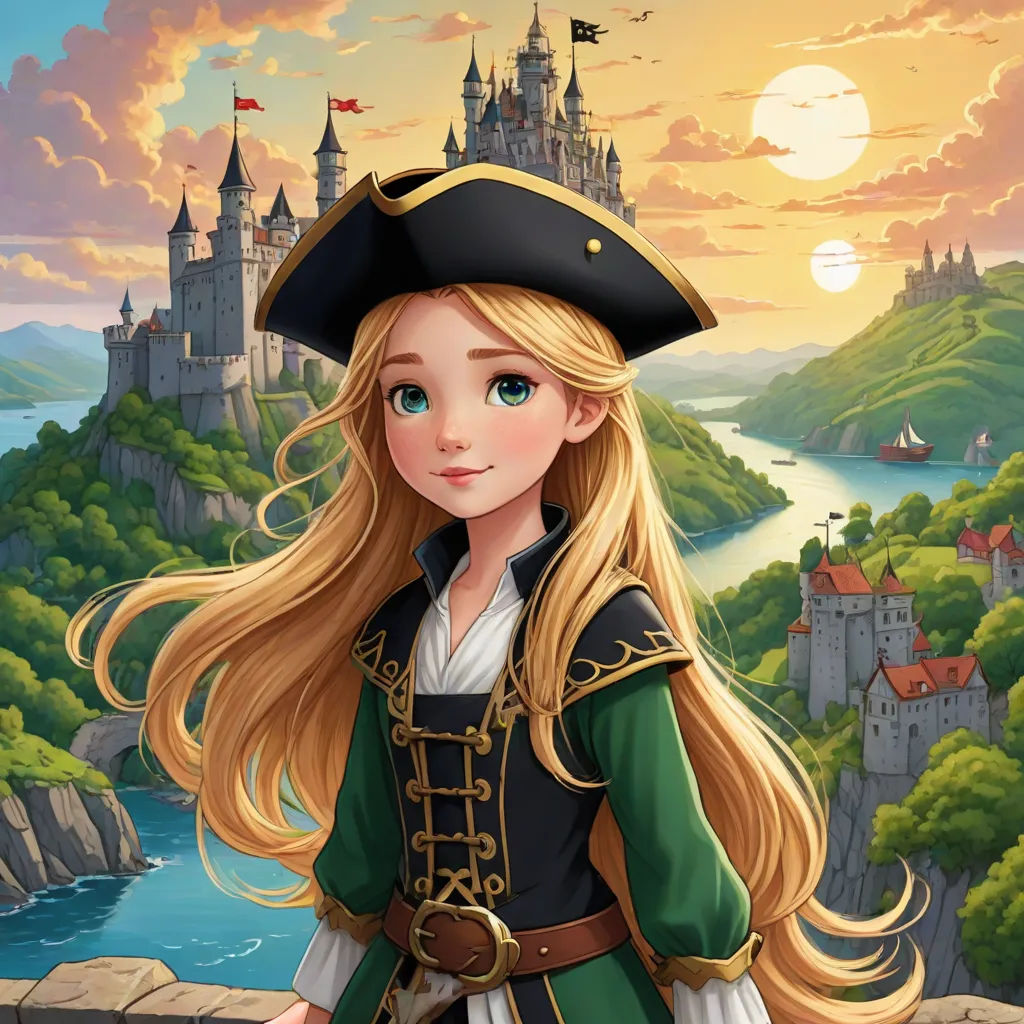 a cartoon girl in a pirate costume standing in front of a castle with a castle in the background and a river running through it, a character portrait, Alice Prin, fantasy art, fantasy character portrait