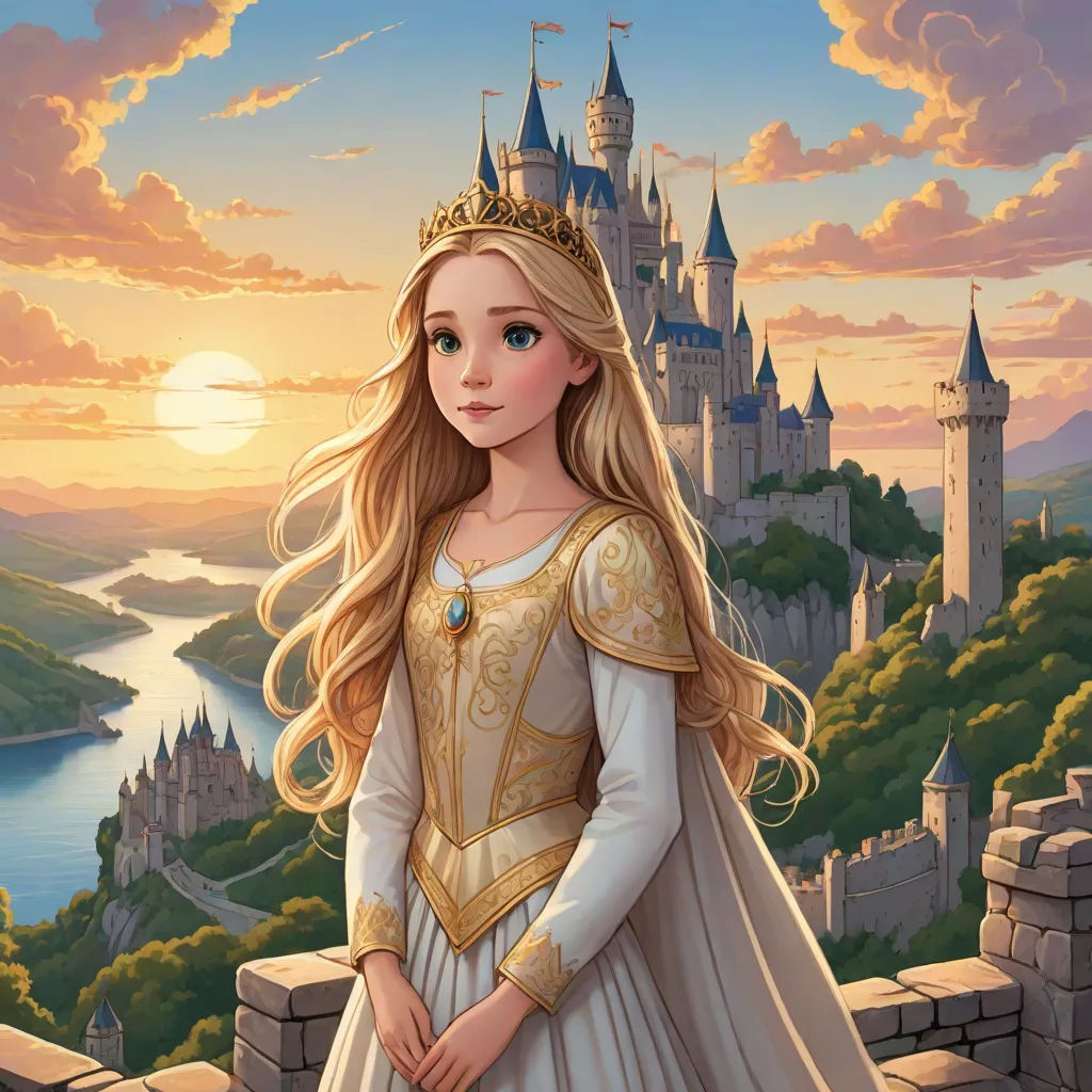 a young girl in a white dress standing in front of a castle with a castle in the background and a sunset, a storybook illustration, disney, fantasy art, rossdraws global illumination
